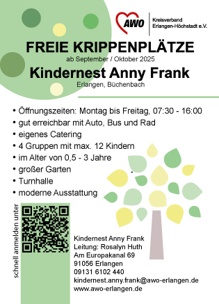 ein Flyer mit den wichtigsten Inhalten: Öffnungszeiten 07:30 - 16:00 großer Garten, eigenes Catering, für Kinder von 0,5-3 Jahre, 4 Gruppen mit maximal 12 Kinder, Turnhalle, moderne ausstattung