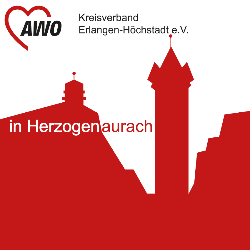 eine Silhouette von Herzogenaurach mit dem prägnanten Turm. Die Silhouette ist rot